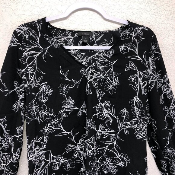 Halogen Blouse Women Small Black White Floral Long Sleeve V-Neck Lightweight - Picture 2 of 10